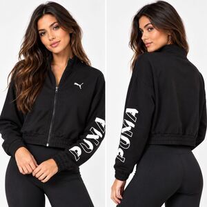 Puma Women's XS Black Cropped Track Jacket Full Zip Logo Sleeve Athletic Sporty
